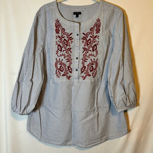Talbots 1X Coastal Popover Embroidered Boho Peasant Blouse Blue Stripe Tunic